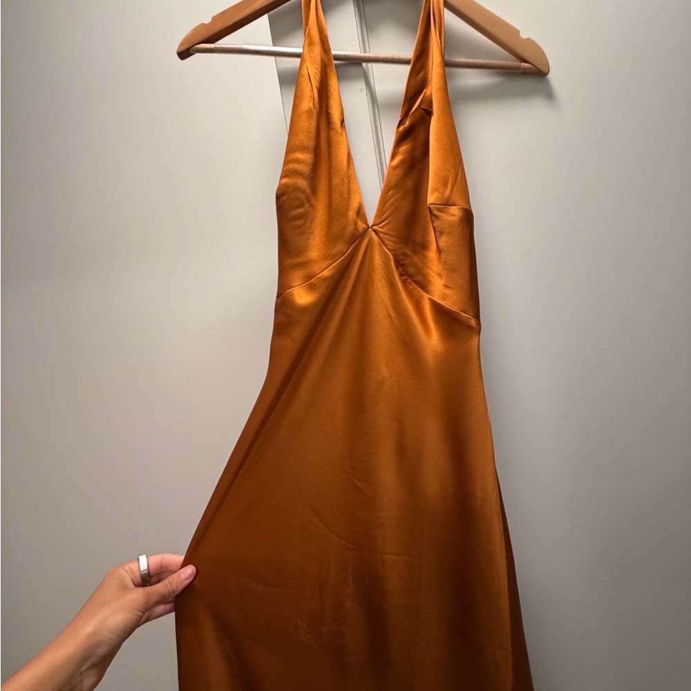 Reformation Satin Backless Slip Dress in Burnt Orange